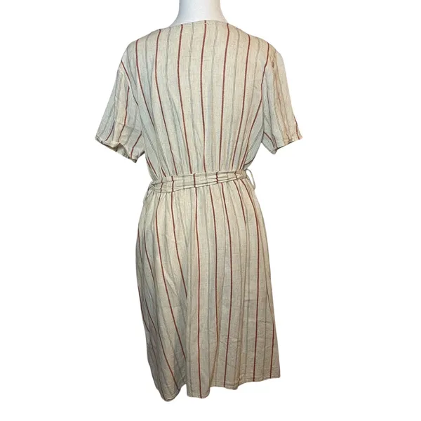 Lake Flower Striped Midi Dress Casual Button Front with Belt Size‎ L Linen Blend - Image 3