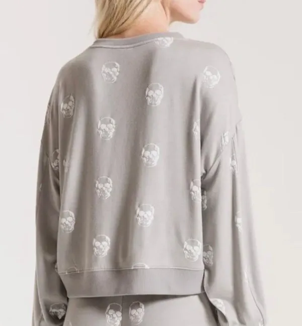 Gray & White Skull Crew Neck Pullover Relaxed Fit - Image 2