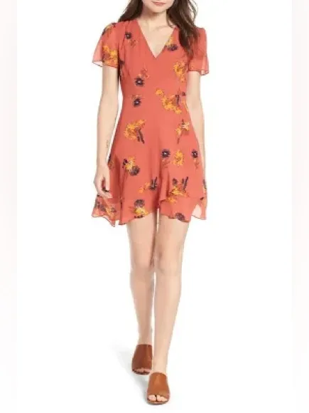Madewell Dress Posy Cactus Flower Coral Orange Pink floral print wrap ruffle - Image 2