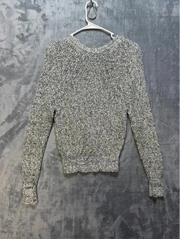 Free People Womens Chunky Knit Sweater Cotton Linen Blend Marled Black White XS - Image 2
