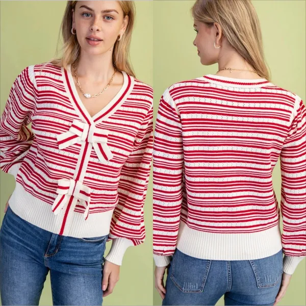 Entro Bow Sweater Top Size Small NWT Stripe Pointelle Knit Whimsical Feminine - Image 4