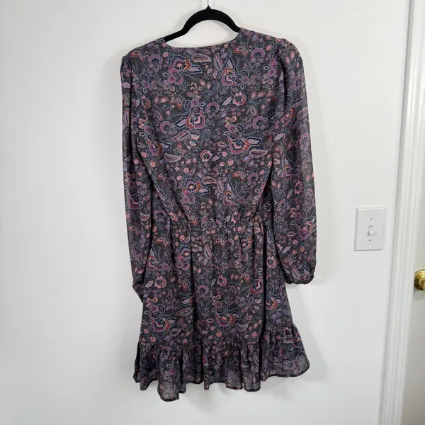 Evereve Olympia Black Purple Floral Dress Long Sleeve Ruffle Boho Womens Small - Image 6