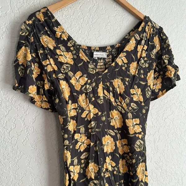 Abercrombie & Fitch Mini Dress Floral Grey Gold Smocked Boho Fall Fairy Y2K - Image 2