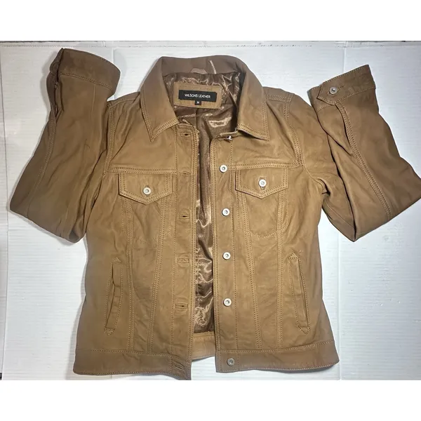 Wilsons Leather Chloe Trucker Jacket Womens Size Medium Retro 90s Biker‎ Brown - Image 4