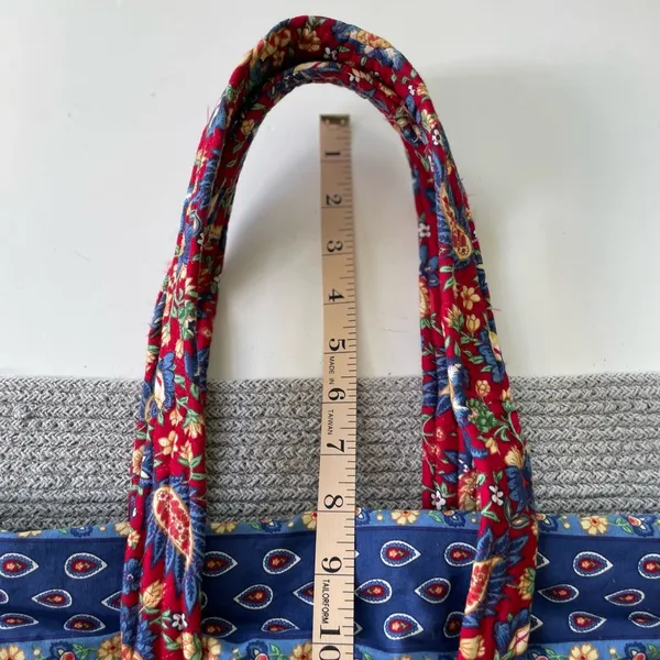 Vintage Handmade Quilted Red Blue Paisley Floral Padded Tote Shoulder Bag - Image 6