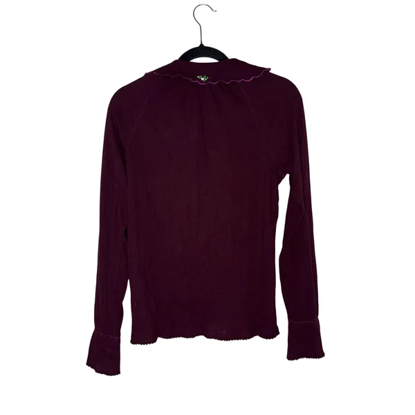 Free People Thermal Top Women Medium Plum NWT Embroidered Collar Henley Tie Neck - Image 4