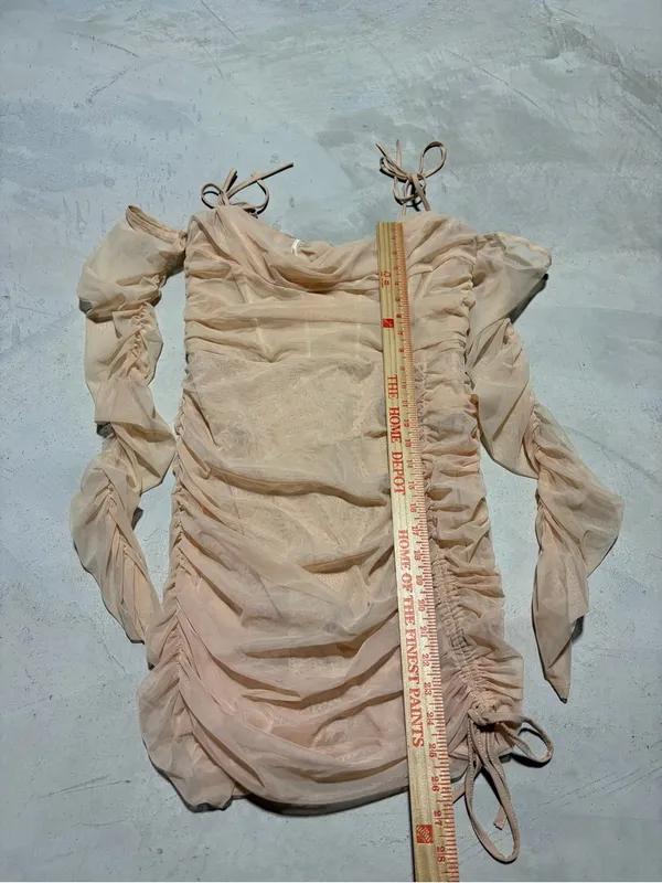 Oh Polly NWT Women's Ruched Tie-Strap Mesh Dress sand 8 - Image 3