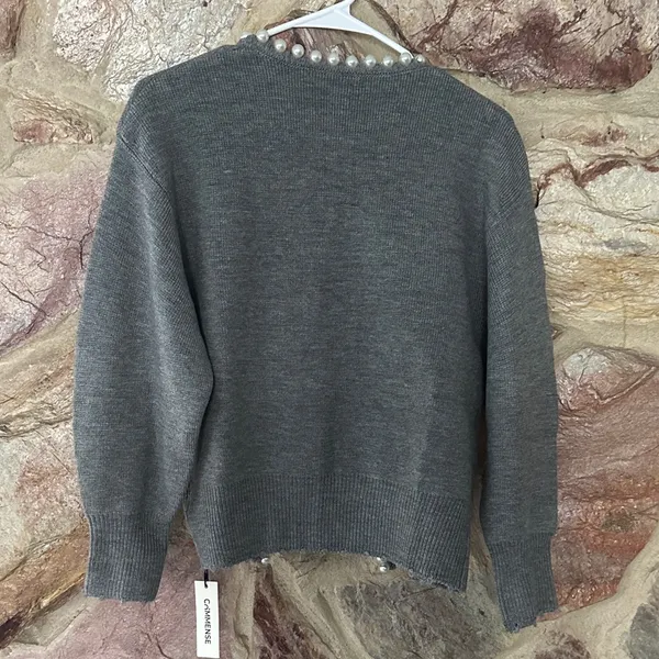 Commense Pearl Trim Ripped Hem Cardigan size small - Image 4