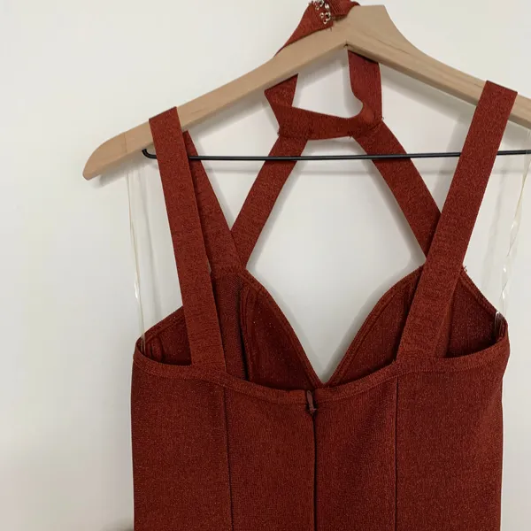 House of CB Cypresa Rust Lurex Collar Strap Jumpsuit Women’s Size XS - Image 8