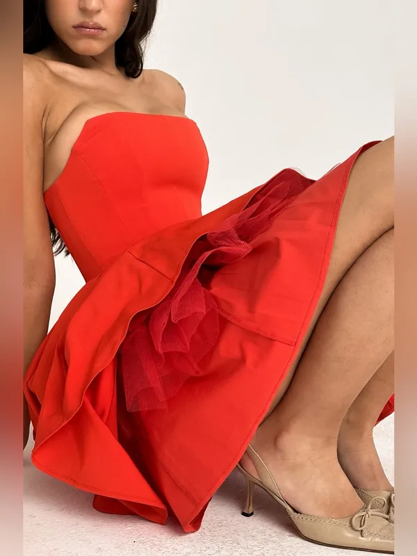 House of CB Emmanuela Italian Tomato Strapless Pleated Mini Dress XS TALL - Image 8