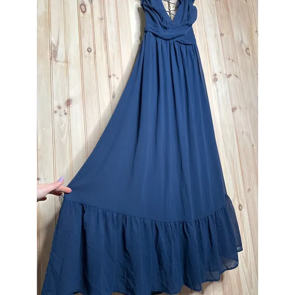 NWT Lulus Soiree Celebration Navy Blue Ruffled Lace-Up Maxi Dress Wedding Sz XL - Image 5