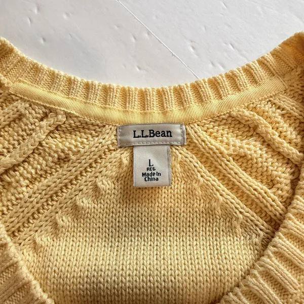 LL Bean Yellow Double L Mixed Cable V Neck Pullover Cotton Sweater LARGE Size XL - Image 9