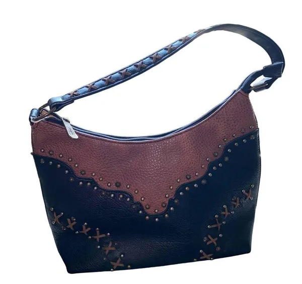 Justin Boots Western Conceal Carry Embroidered Studded Tote Bag Purse Black/Chestnut - Image 15
