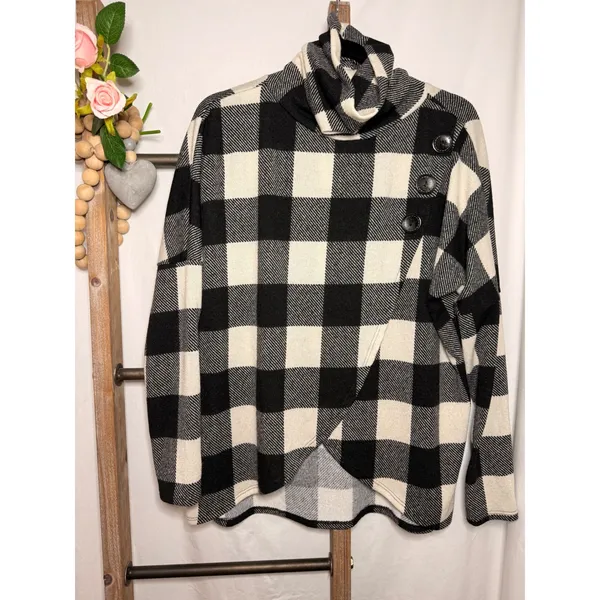 7th Ray Buffalo Plaid Cowl Neck Asymmetrical Button Wrap Sweater Black White L - Image 2