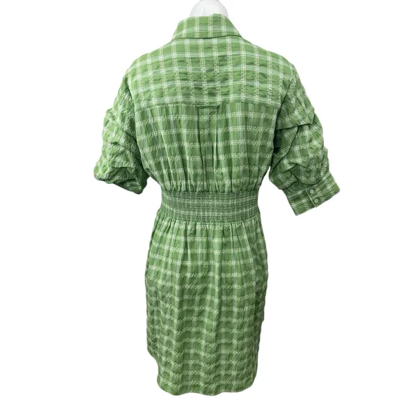 Cinq à Sept NEW Green Plaid Check Short Sleeve Button Down Mini Shirt Dress Sz 4 - Image 2
