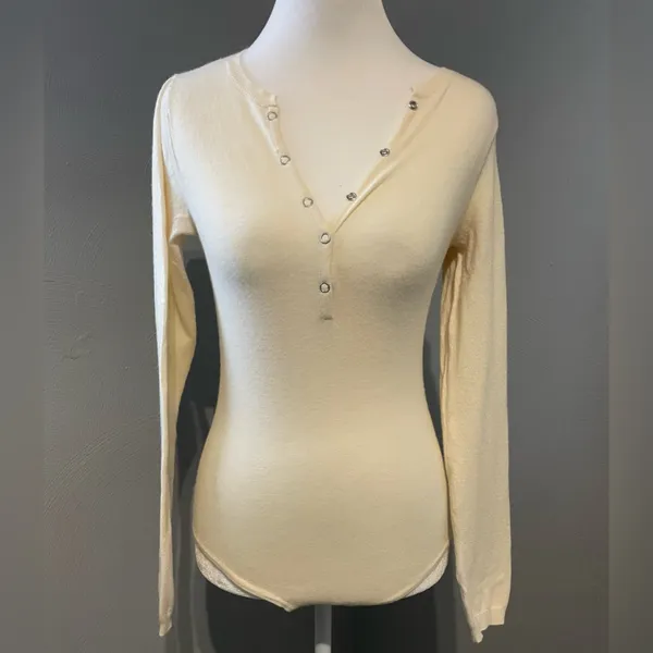 Vici Collection Cream Slim-Fit Ribbed Henley Bodysuit/Tee - Image 2