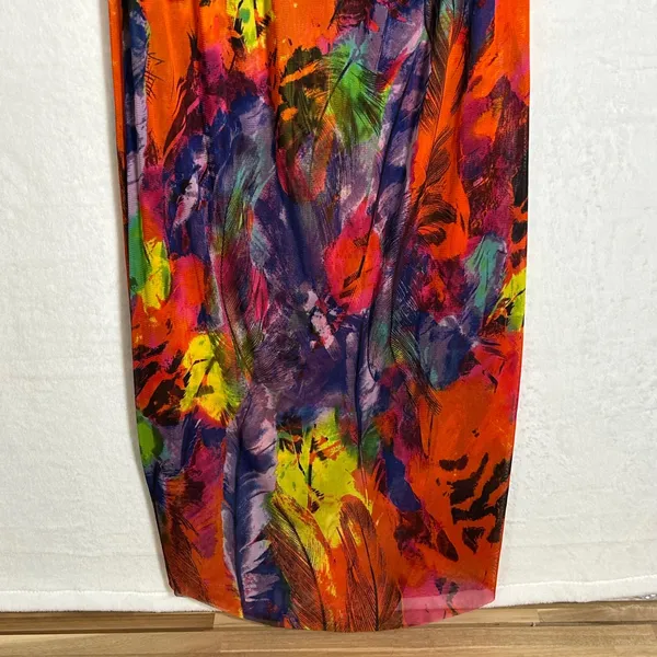 Cynthia Rowley Women Large Mesh High Low Maxi Dress Rainbow Feather Print Ruffle - Image 8