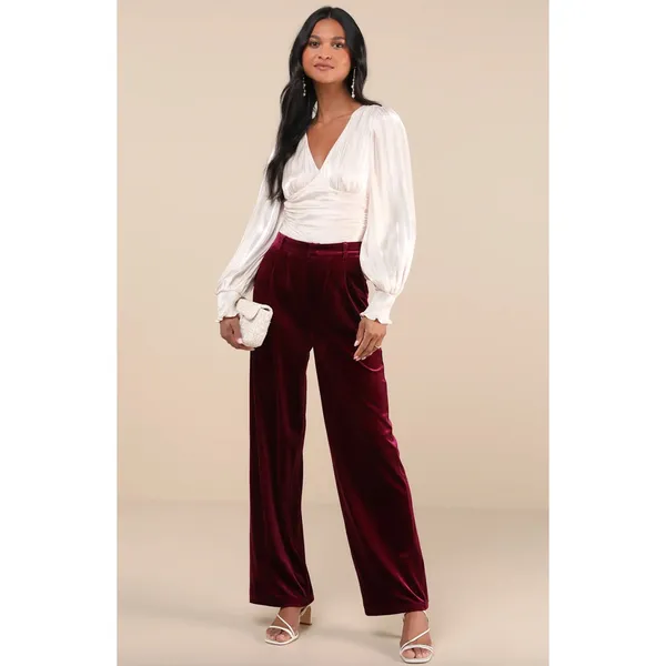 Lulus Posh Idea Plum Velvet High-Rise Straight Leg Trouser Pants Small NWT - Image 3