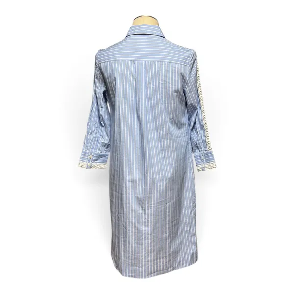 Etcetera Cotton Lace Button Up Shirt Shift Dress Blue White Stripe 4 - Image 4