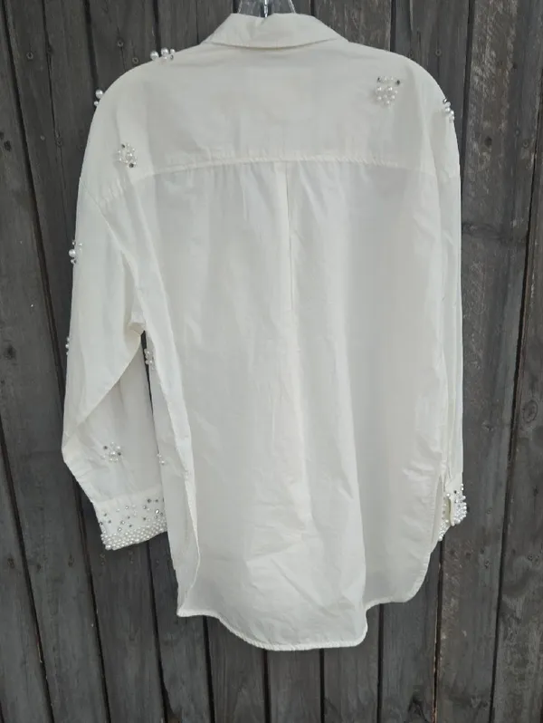 Maeve Embellished White Button-Up Shirt - Elegant Pearl Detail Size S - Image 5