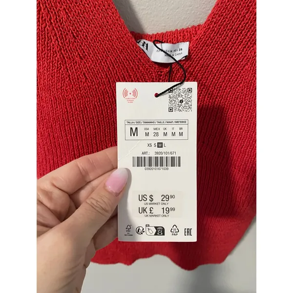 New Zara V- Neck Red Knit Cami Tank Top, Size Medium - Image 3