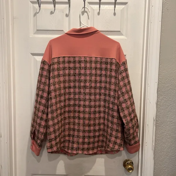 Polagram Pink Plaid Mixed Media Snap Front Shacket Jacket PSJ1287 Womens Large - Image 6