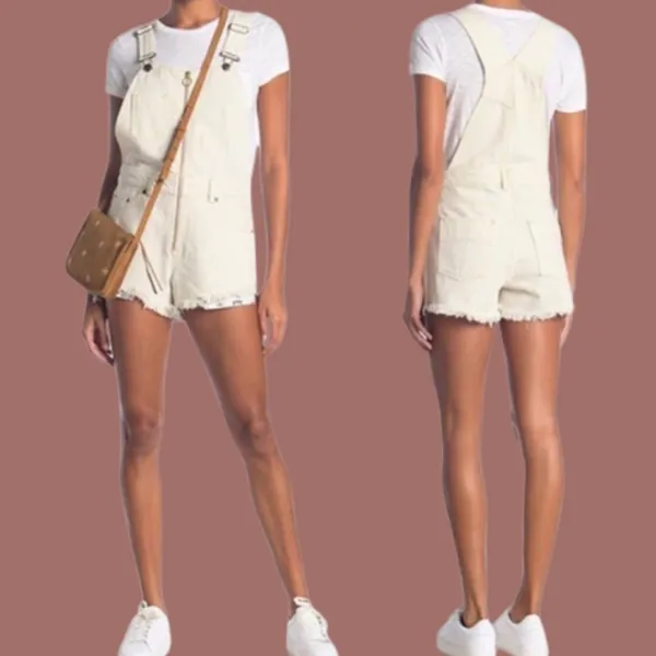 Free people white denim baggy overalls short jumper shortalls - Image 4