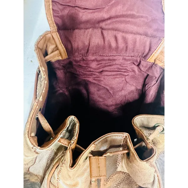 Vintage 1980s/90s Brown Leather Patchwork Clip Front Drawstring Backpack Bag - Image 15