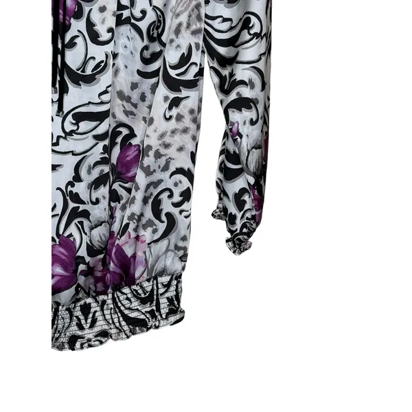 WHBM Women's‎ Top Satin Floral V-Neck Tie Chiffon Tie 3/4 Sleeves Purple Small - Image 2