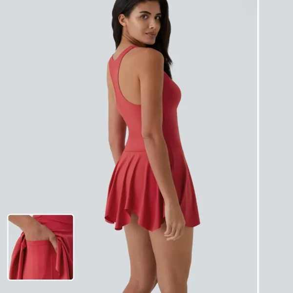 NWT Halara‎ Deep V Neck Racerback 2-in-1 Pocket Flare Mini Casual Dress RED - Image 2