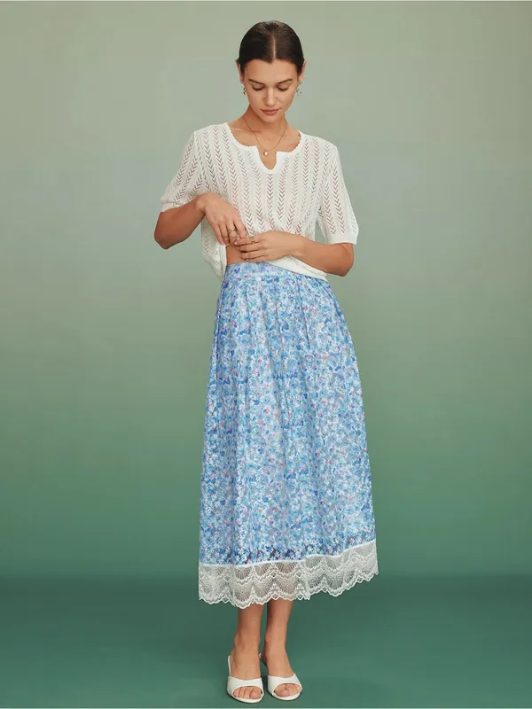 Rihoas Blue Floral Lace A-Line Skirt - Image 3