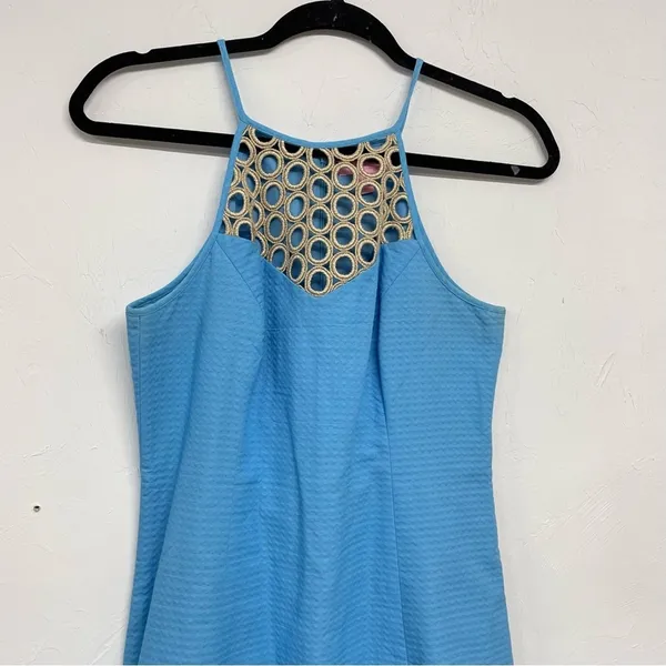 Lilly Pulitzer Blue Halter Mini Dress Gold Cut Out Accent Womens 2 Crochet Beach - Image 3