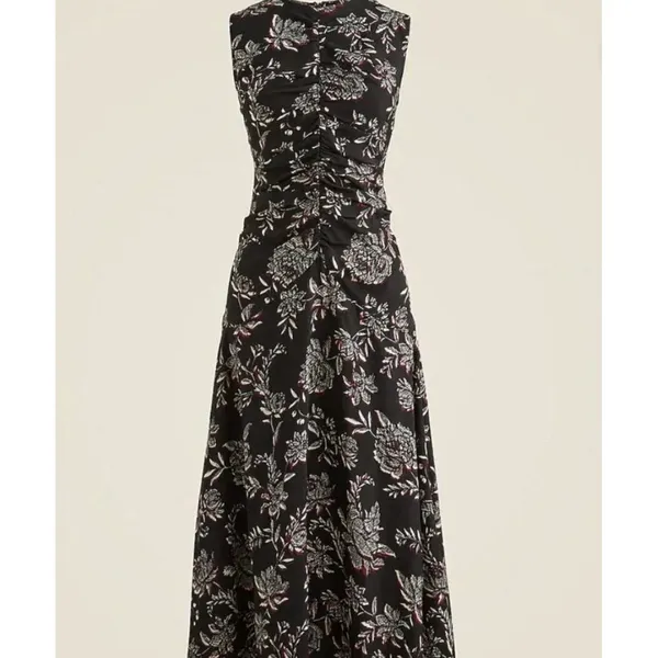 J.Crew Veranda Dress Size 12 Black Floral Midi Sleeveless Ruched Waist Boho - Image 3