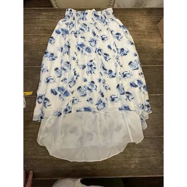 Club Monaco blue and white floral high-low skirt Smocked Waist Size Small‎ Lined - Image 3