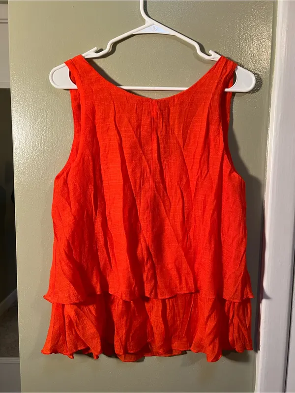 Women’s Size Large Sleeveless Blouse Scoop Neck Tiered Bright Orange Viscose - Image 6