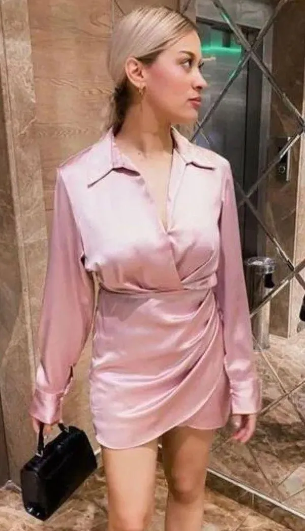 mini dress satin effect drapped long sleeve pink party wedding coctail - Image 4