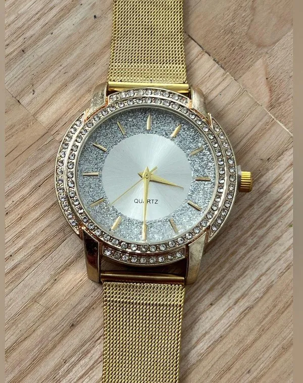 Crystal Embellishments Ladies Watch Silver Shimmery Dial Gold-Tone Bracelet - Image 3