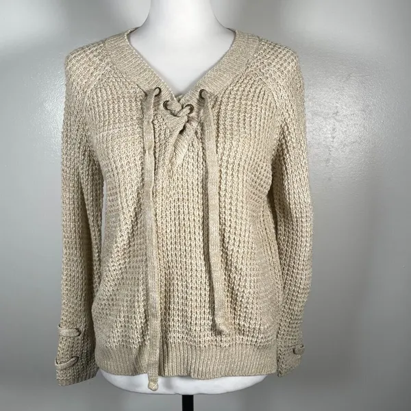 🎈🎈🎈3 for 12$🎈🎈🎈It's Our Time Lace Tie Waffle Knit Long Sleeve Pullover Sweater - Image 2