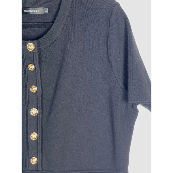 Merokeety Dress XL Black Gold Button Short Sleeve Knit Preppy Career Mini - Image 6