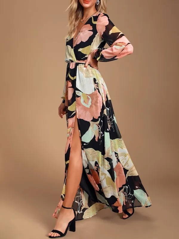 Lulus Wondrous Water Lilies Black Floral Print Maxi Dress Size XS - Image 2