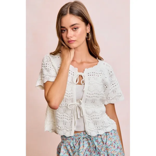 BiBi Front Bow Tie Detail Pointelle Knit Top - Ivory - XL - Image 12