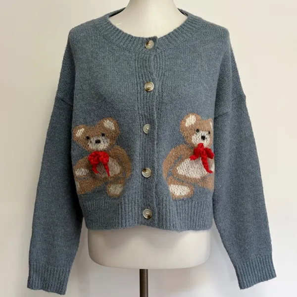 Luna Ivy Cardigan Sweater M Blue Teddy Bear 3D Bow Button Front K5397 - Image 2