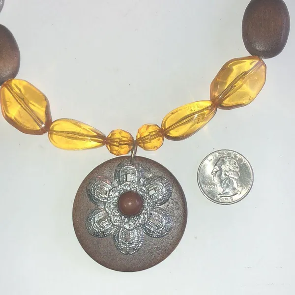 Brown and Yellow Beaded Necklace with Floral Boho Pendant - Image 3