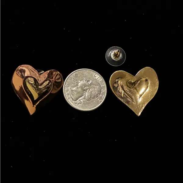 Brass and Gold Tone Double Heart Shaped Pierced Earrings - Image 3