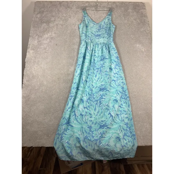 Vineyard Vines Capri Blue Floral Sleeveless‎ V-Neck Maxi Dress 0 - Image 5