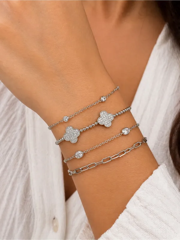 Guess Silver Tone CZ Pave Clover Layered Bracelet Set - Image 2