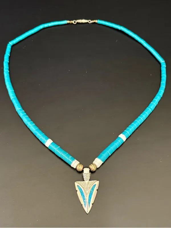 Vintage Southwestern Silver-tone Turquoise Heishi Beads Pendant Necklace - Image 3