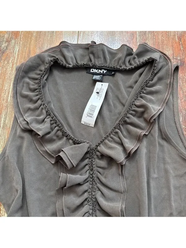 DKNY Olive Green Sleeveless V-Neck Ruffle Blouse Small - Image 2