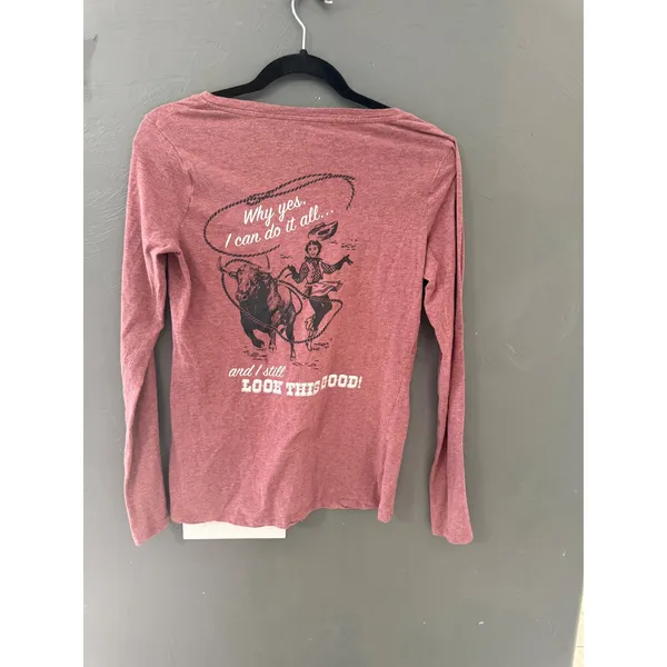 Ariat Womens Small Pink V-Neck Long Sleeve Graphic Tee Cowgirl Rodeo Lasso Shirt - Image 4