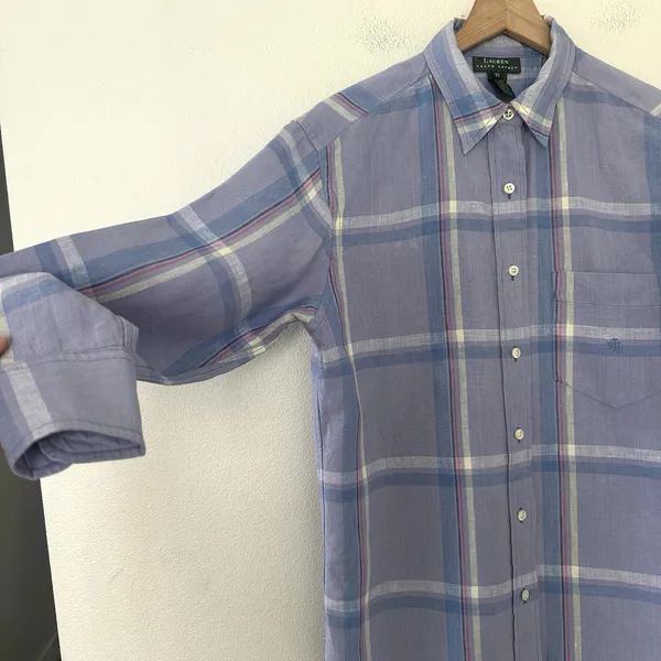 Vintage 100% LInen Lauren Ralph Lauren Button Down Shirt Sz M Plaid Preppy Indie - Image 5
